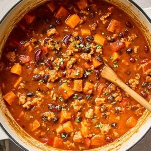 A pot of sweet potato black bean chicken chili